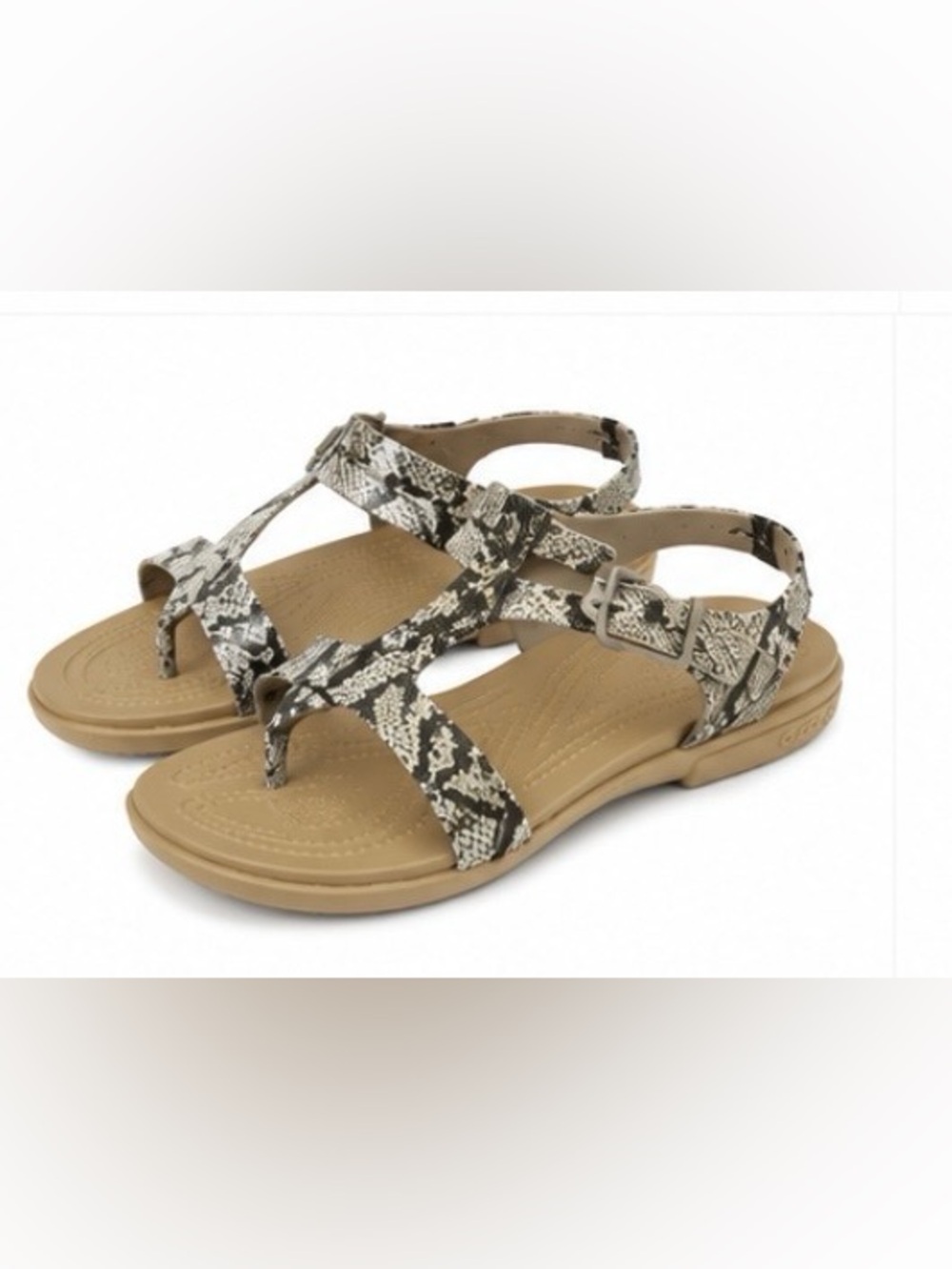 Crocs Snakeskin Strappy Flat Sandals Tan and Black Size 7